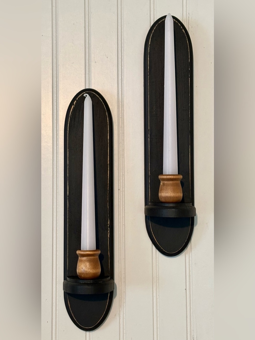 PAIR OF BLACK PRIMITIVE FARMHOUSE CANDLE SCONCES